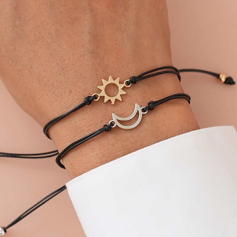 Sun & Moon Friendship Bracelets - Adjustable Black  Cord With Gold Sun And Silver Moon Charms