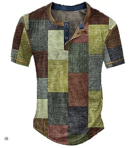 Men's Clothing Graphic Plaid Color Block Printed Men's Waffle Henley Shirt Short Sleeve