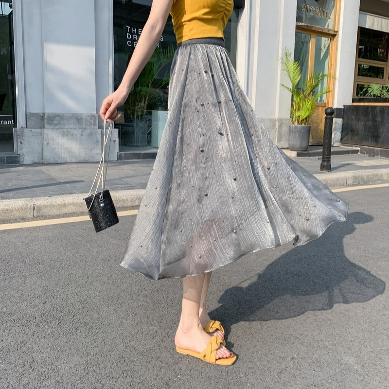 Heavy Industry Beaded Skirt Women Mid-length High Waist Chiffon A-line