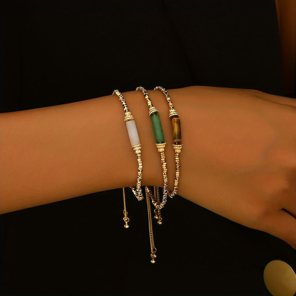 Chic Gold-Tone Beaded Bracelet Set -  Boho Style Stackable Bangles With Colorful Accents