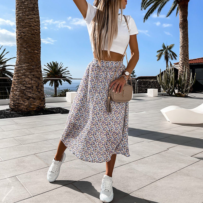 Spring Casual Women Midi Skirt A-Line Floral Printed High