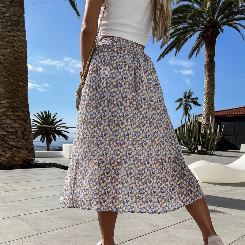 Spring Casual Women Midi Skirt A-Line Floral Printed High