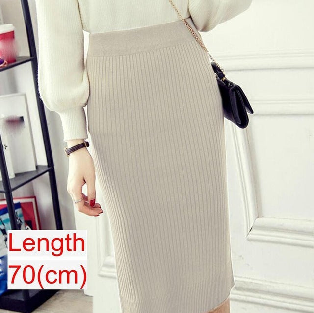 Women Office Skirt Spring Warm Knitted Pencil Skirts Ladies