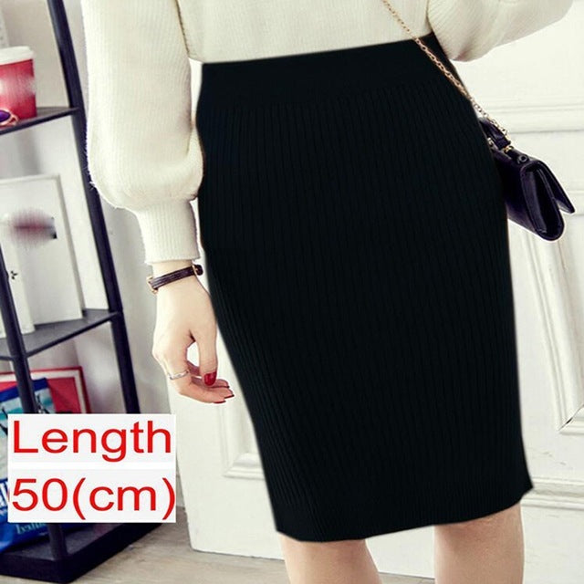 Women Office Skirt Spring Warm Knitted Pencil Skirts Ladies