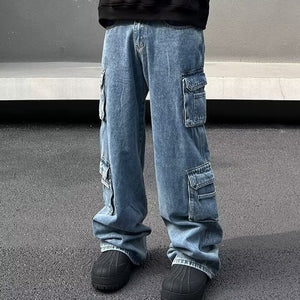 American Street Hip Hop Style Multi-pocket Workwear Jeans