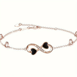 Infinite Love Heart Anklet - Sterling  Silver With Black Enamel Hearts