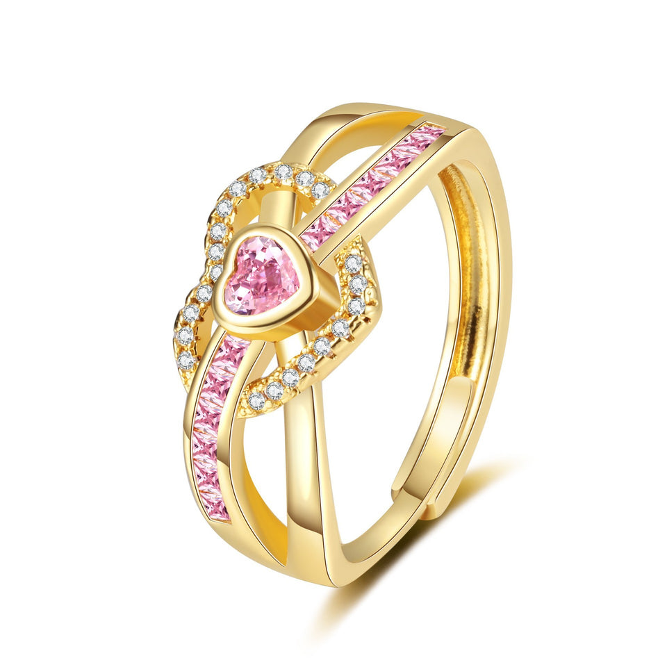 New Pink Loving Heart Zircon Ring Women's High Sense Women's Jewelry