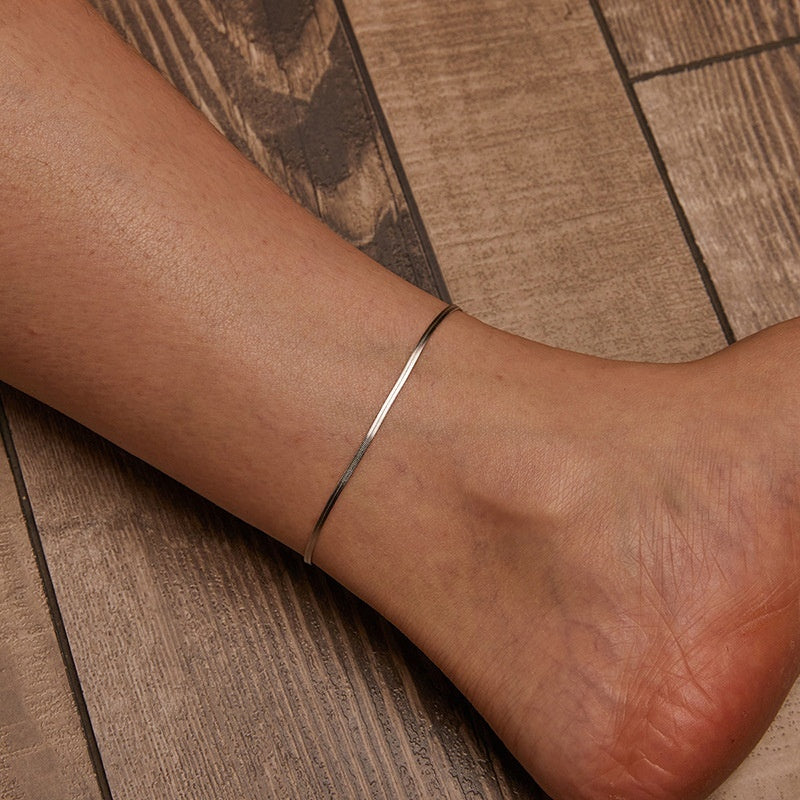 S925 Sterling Silver Simple Snake Bone Glossy Thin Anklet