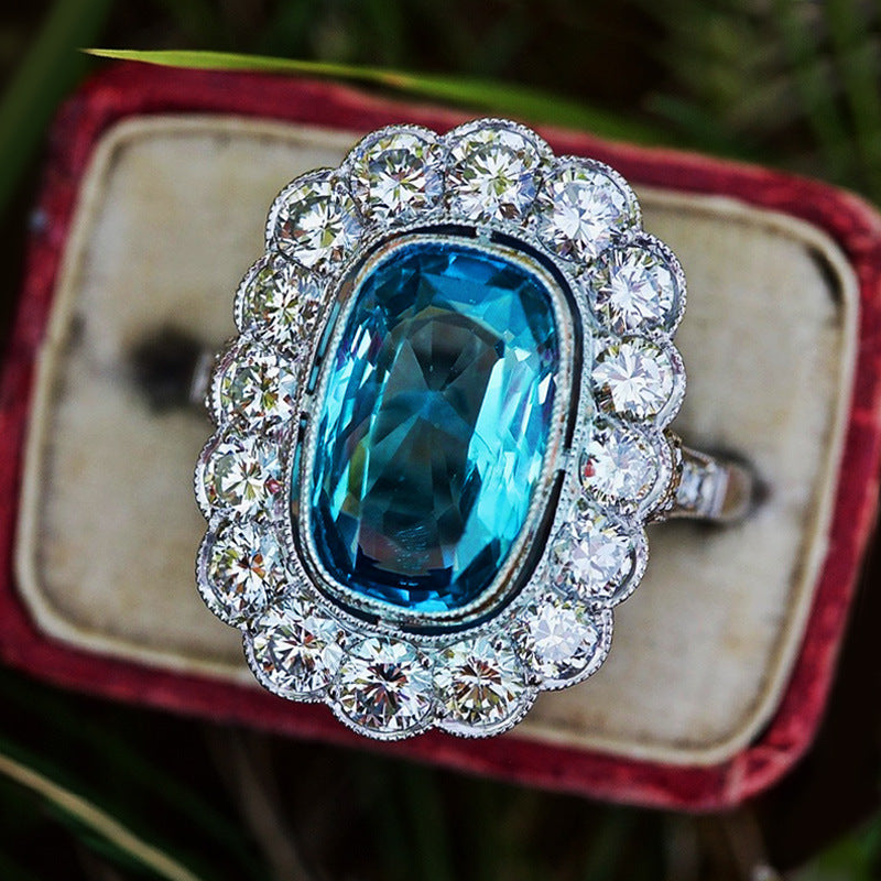 Luxury Colored Gems Ring Inlaid Sea Blue Women's