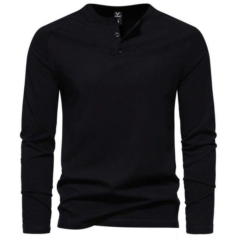 Men's Henry Collar Long-sleeved Casual Solid Color T-shirt Bottoming Shirt