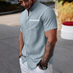 Men's New Stand Collar Contrast Color Pocket Short Sleeve Shirt