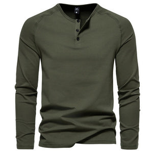 Men's Henry Collar Long-sleeved Casual Solid Color T-shirt Bottoming Shirt