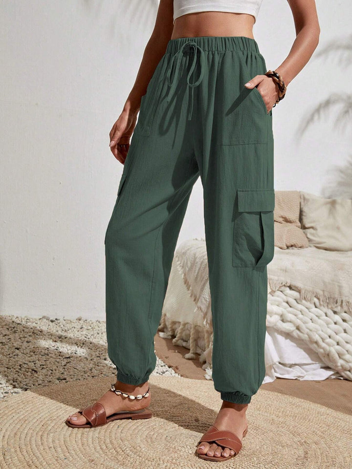 New Drawstring Overalls With Pockets Summer Cool Trousers Casual Versatile Solid Color Skinny Pants Womens Clothing