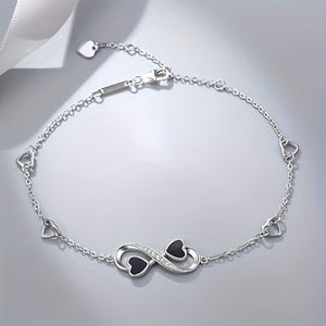 Infinite Love Heart Anklet - Sterling  Silver With Black Enamel Hearts