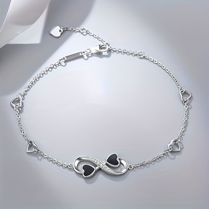 Infinite Love Heart Anklet - Sterling  Silver With Black Enamel Hearts