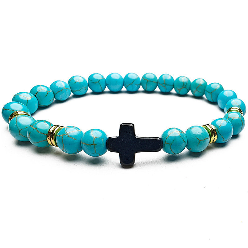 Creative 8mm Natural Stone Bead Cross Bracelet