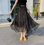 Heavy Industry Beaded Skirt Women Mid-length High Waist Chiffon A-line