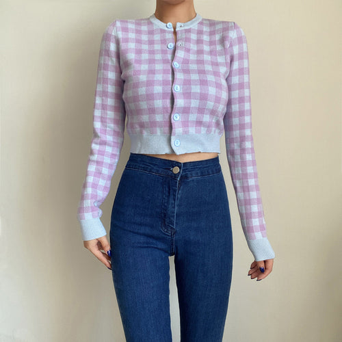 Women Crew Neck Plaid Knit Cardigan Crop Top