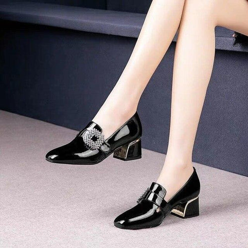 Women's versatile mid-heel chunky heel square toe shoes