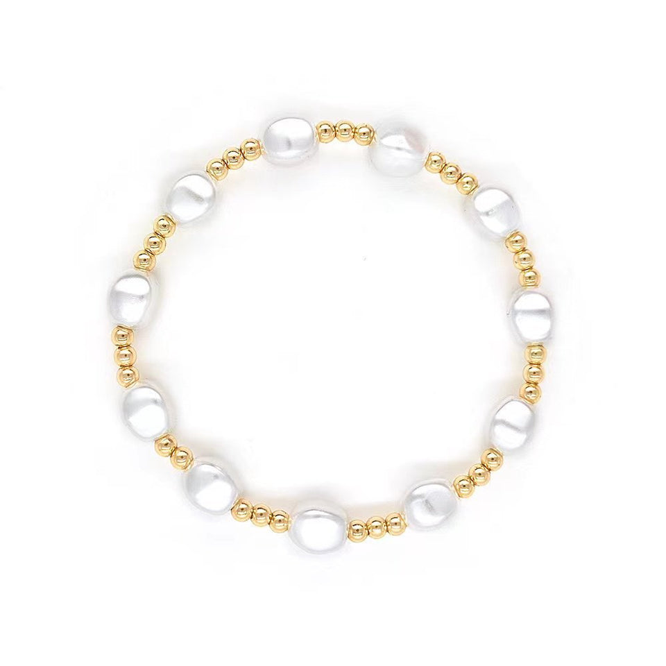 Elegant Freshwater Pearl And  Gold Bead Stretch Bracelet