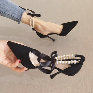 Pearl Ankle Strap High Heels Trendy Pointed Toe Stiletto Shoes