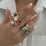 High Profile Retro Colorful Gemstone Pearl Tassel Ring For Women