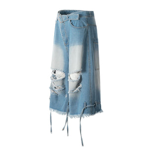 Summer Retro Washed Erosion Ripped Denim Shorts