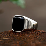 Stainless Steel Inlaid Black Agate Ring Vintage