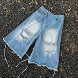 Summer Retro Washed Erosion Ripped Denim Shorts