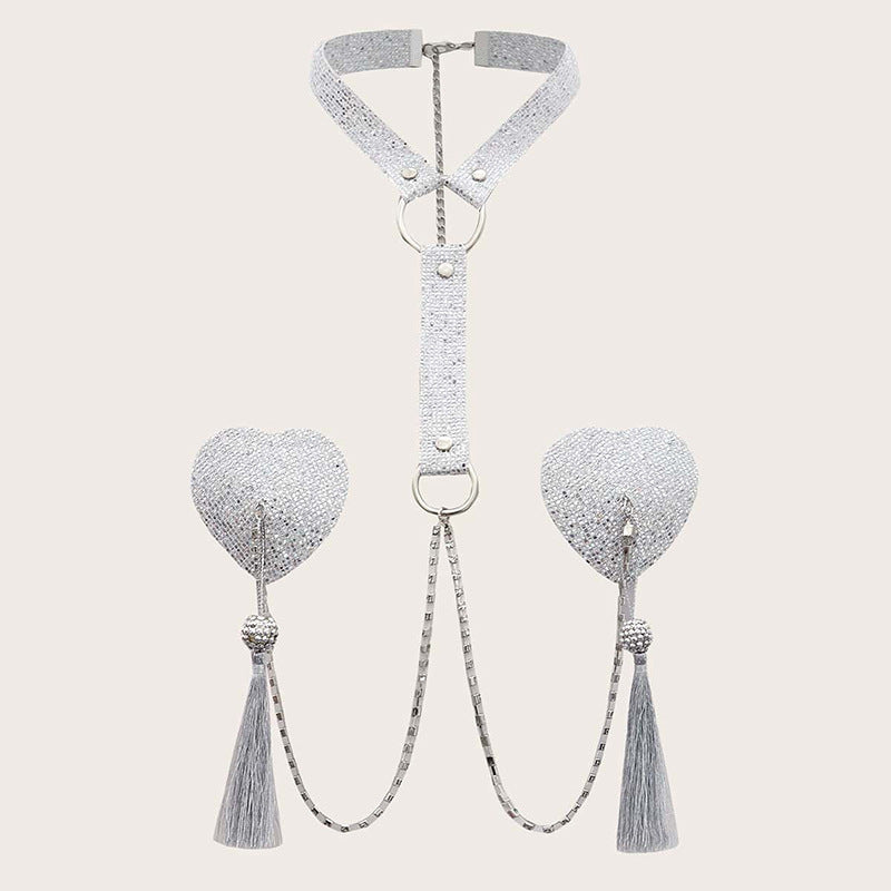 Tassel Breast Pad Chain Sequins Love Heart Chest Necklace Ornament