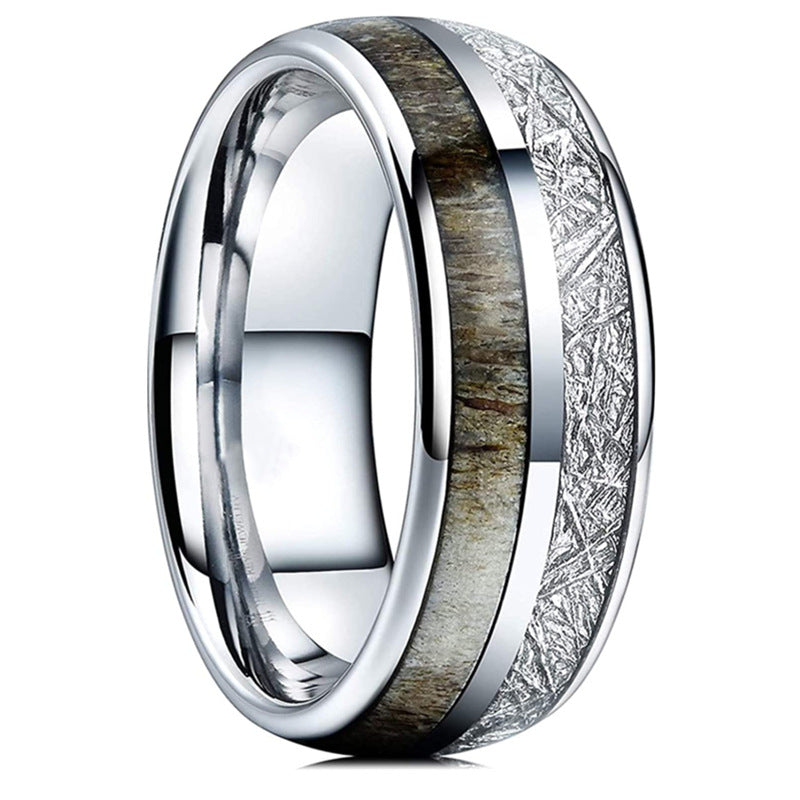 Two-tone Patch Ornament White Silk Wood Grain Ring Men's Titanium Steel