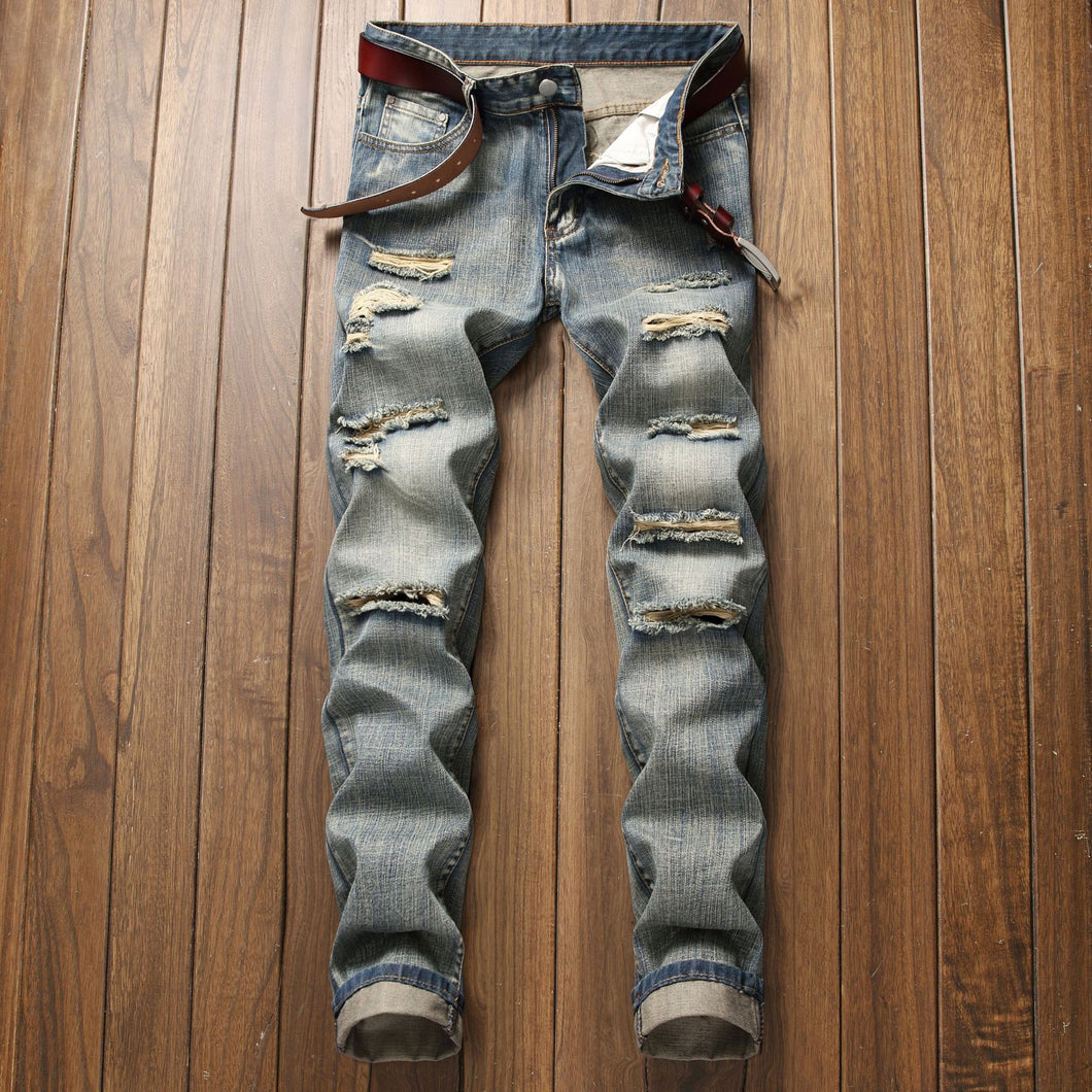 Ripped Straight Denim Trousers For Men