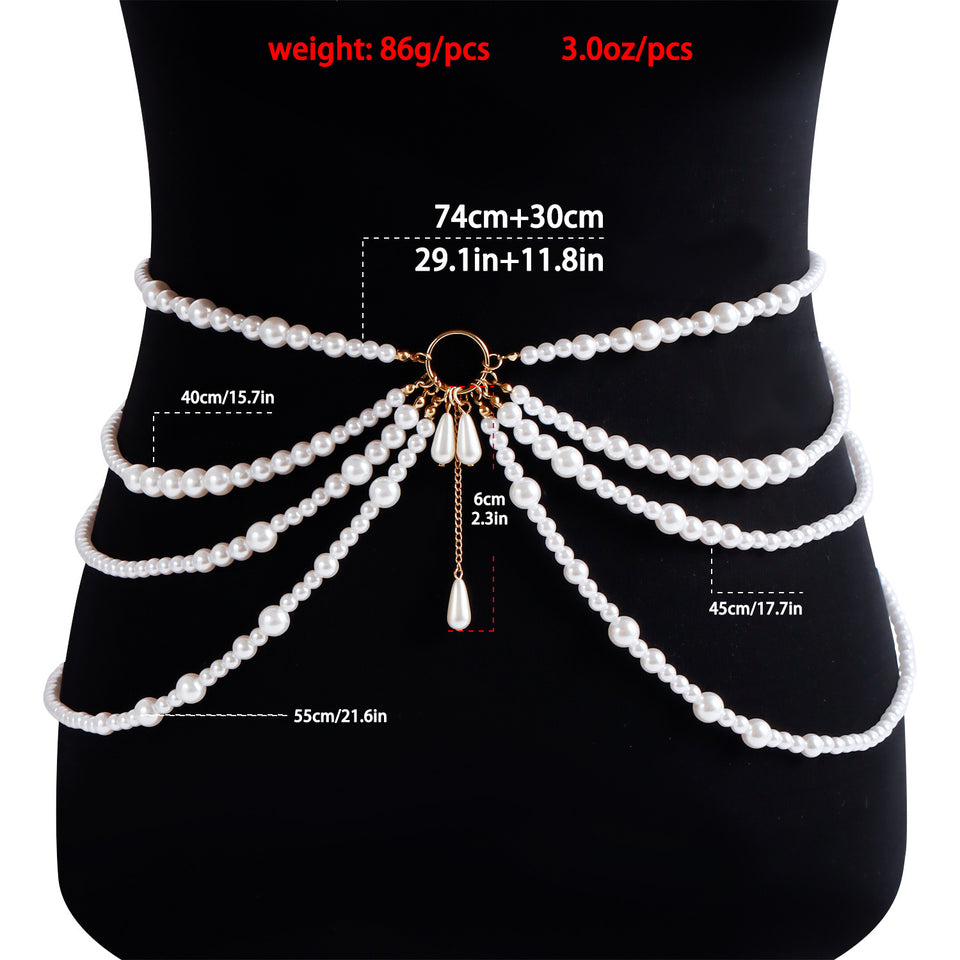 Fashion Multi-layer Pearl Metal Flying Ring Tower Silk Sling Waist Chain