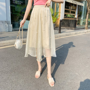 Heavy Industry Beaded Skirt Women Mid-length High Waist Chiffon A-line