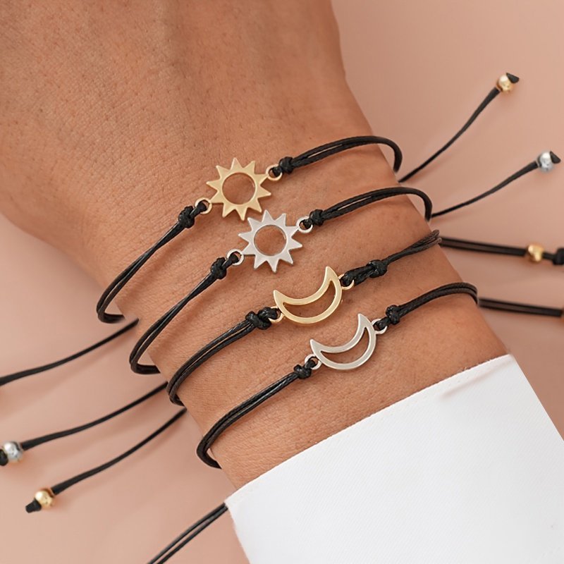 Sun & Moon Friendship Bracelets - Adjustable Black  Cord With Gold Sun And Silver Moon Charms