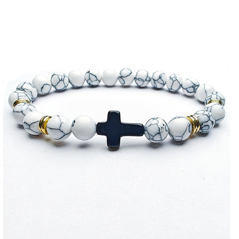 Creative 8mm Natural Stone Bead Cross Bracelet