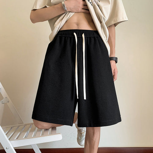 Hong Kong Style Men's Waffle Solid Color Basic Shorts