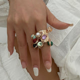 High Profile Retro Colorful Gemstone Pearl Tassel Ring For Women