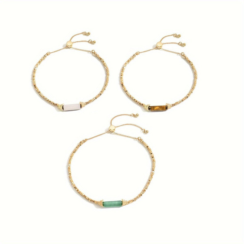 Chic Gold-Tone Beaded Bracelet Set -  Boho Style Stackable Bangles With Colorful Accents