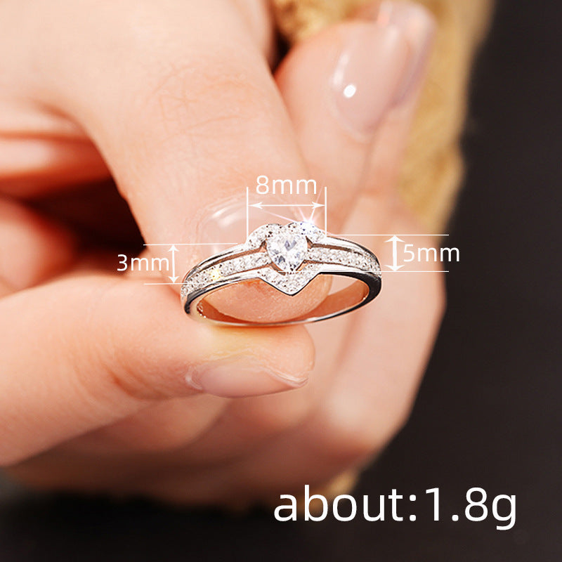 Double Peach Heart Design Ring Female Inlaid Zircon