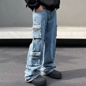 American Street Hip Hop Style Multi-pocket Workwear Jeans